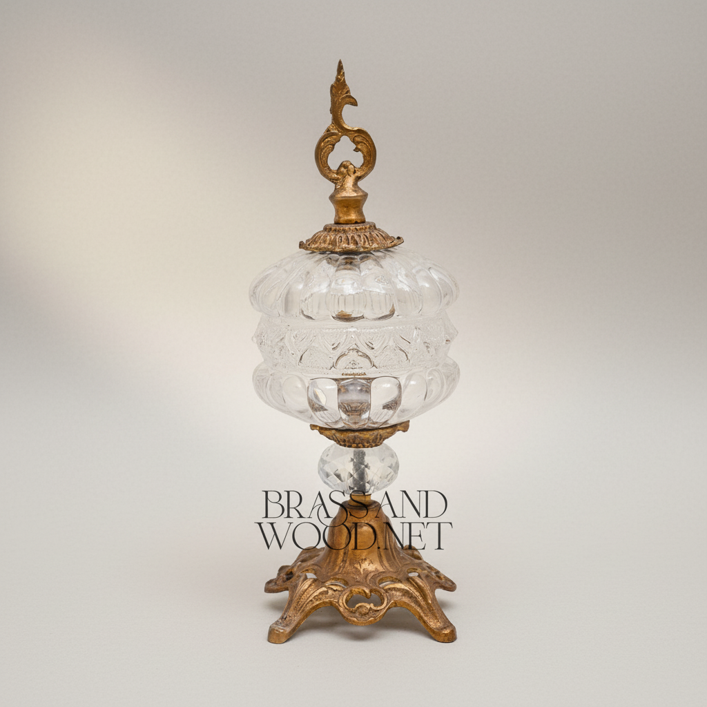 Baroque Crystal Candy Dish with Ornate Brass Finial & Sculpted Pedestal Base — Antique Gold
