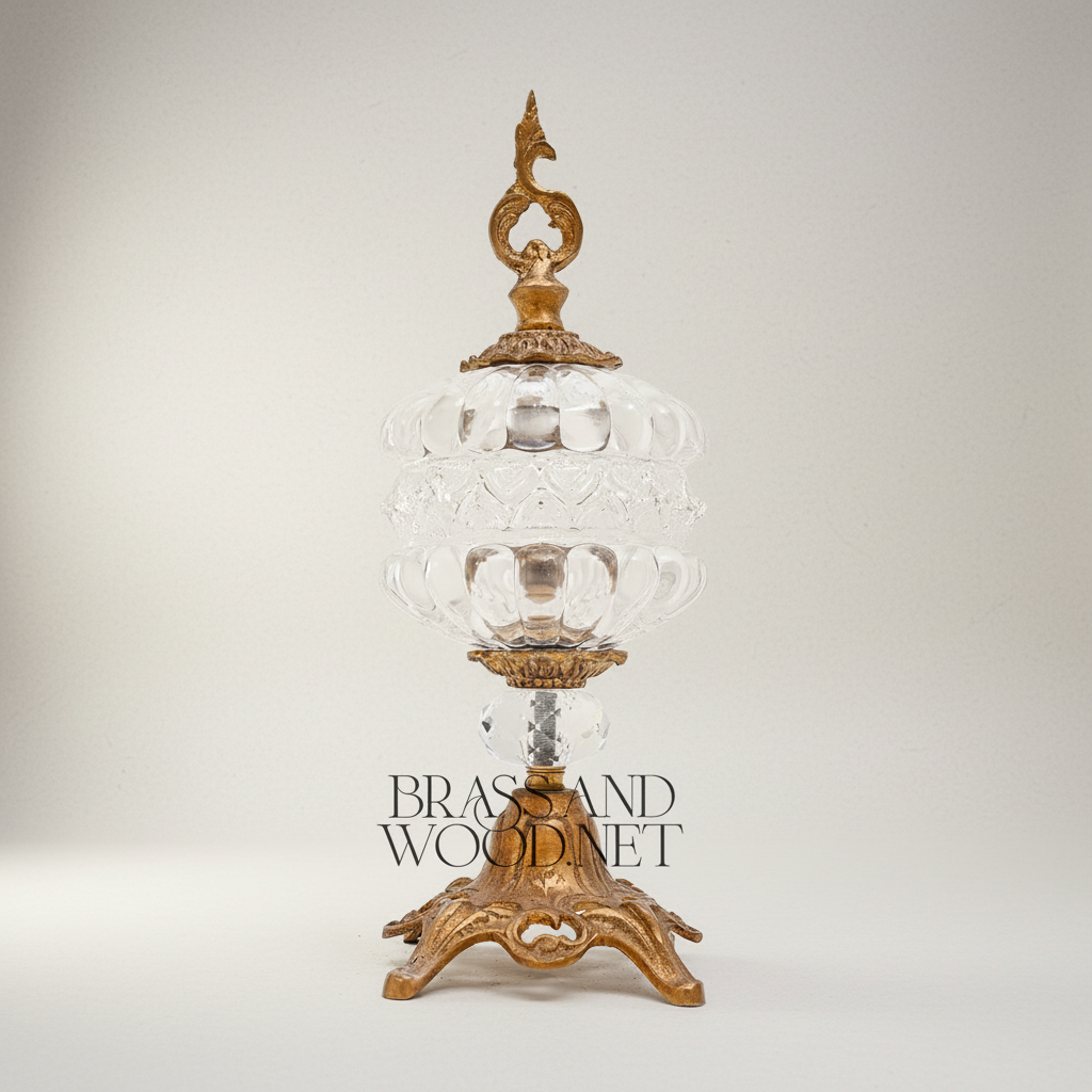 Baroque Crystal Candy Dish with Ornate Brass Finial & Sculpted Pedestal Base