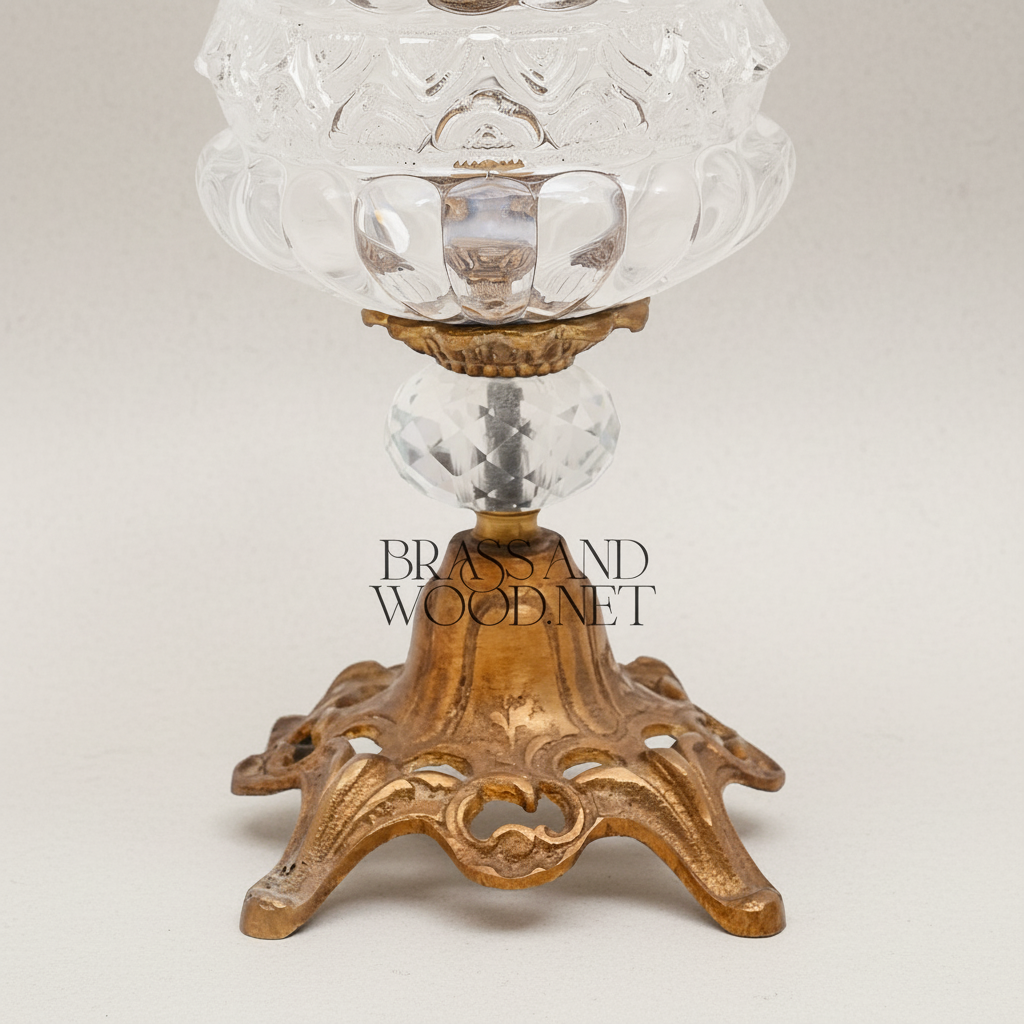 Baroque Crystal Candy Dish with Ornate Brass Finial & Sculpted Pedestal Base