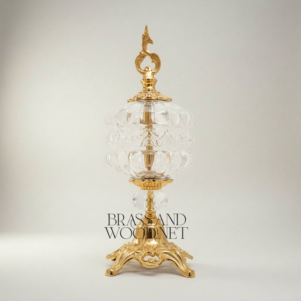 Baroque Crystal Candy Dish with Ornate Brass Finial & Sculpted Pedestal Base — Gold