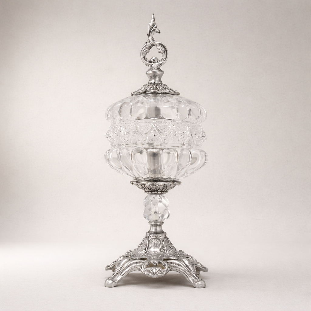 Baroque Crystal Candy Dish with Ornate Brass Finial & Sculpted Pedestal Base — Silver