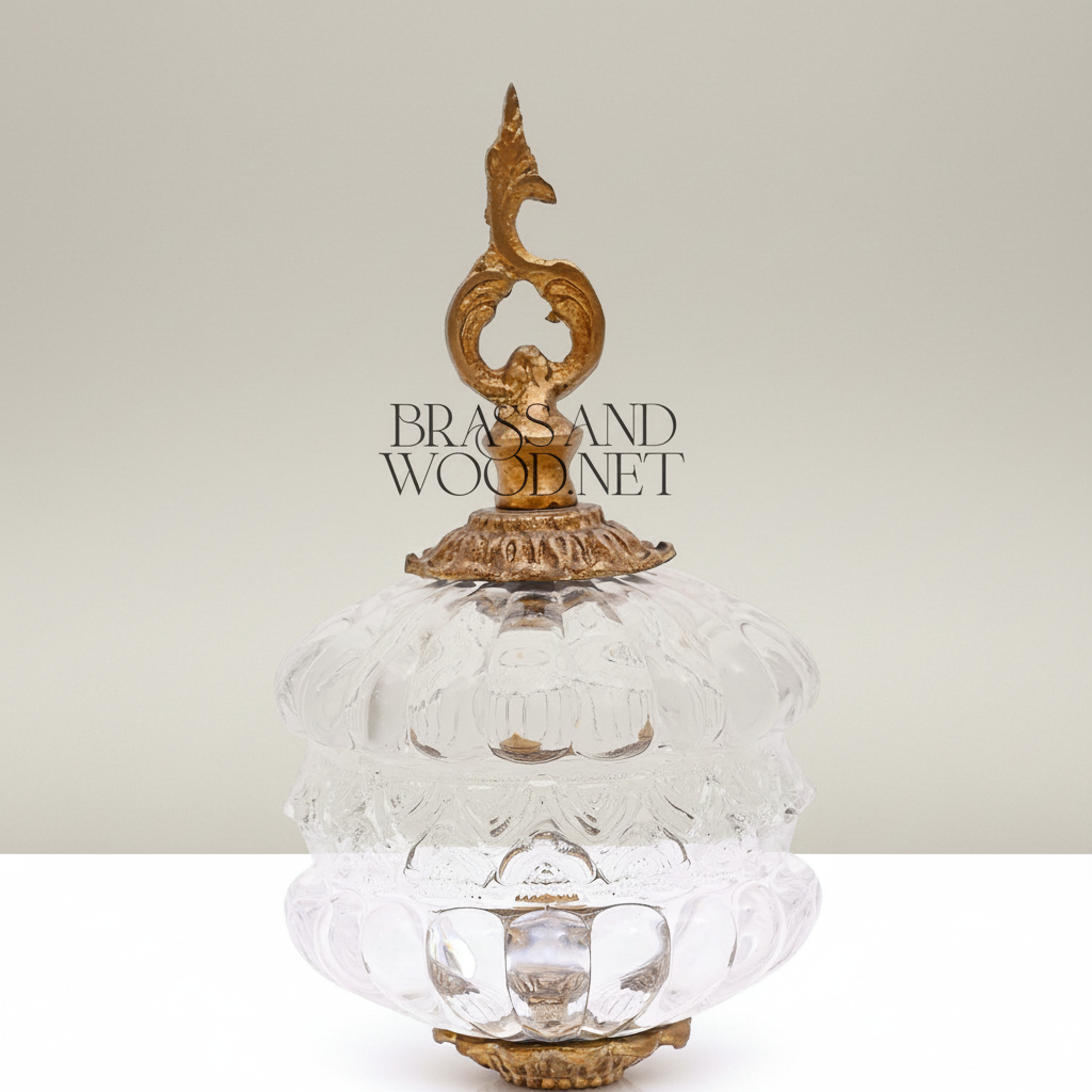 Baroque Crystal Candy Dish with Ornate Brass Finial & Sculpted Pedestal Base — Antique Gold