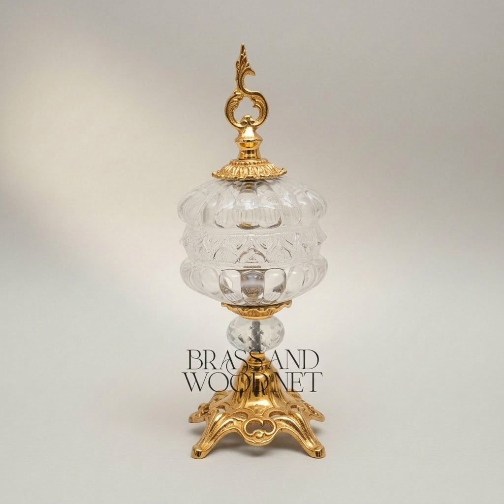 Baroque Crystal Candy Dish with Ornate Brass Finial & Sculpted Pedestal Base — Gold