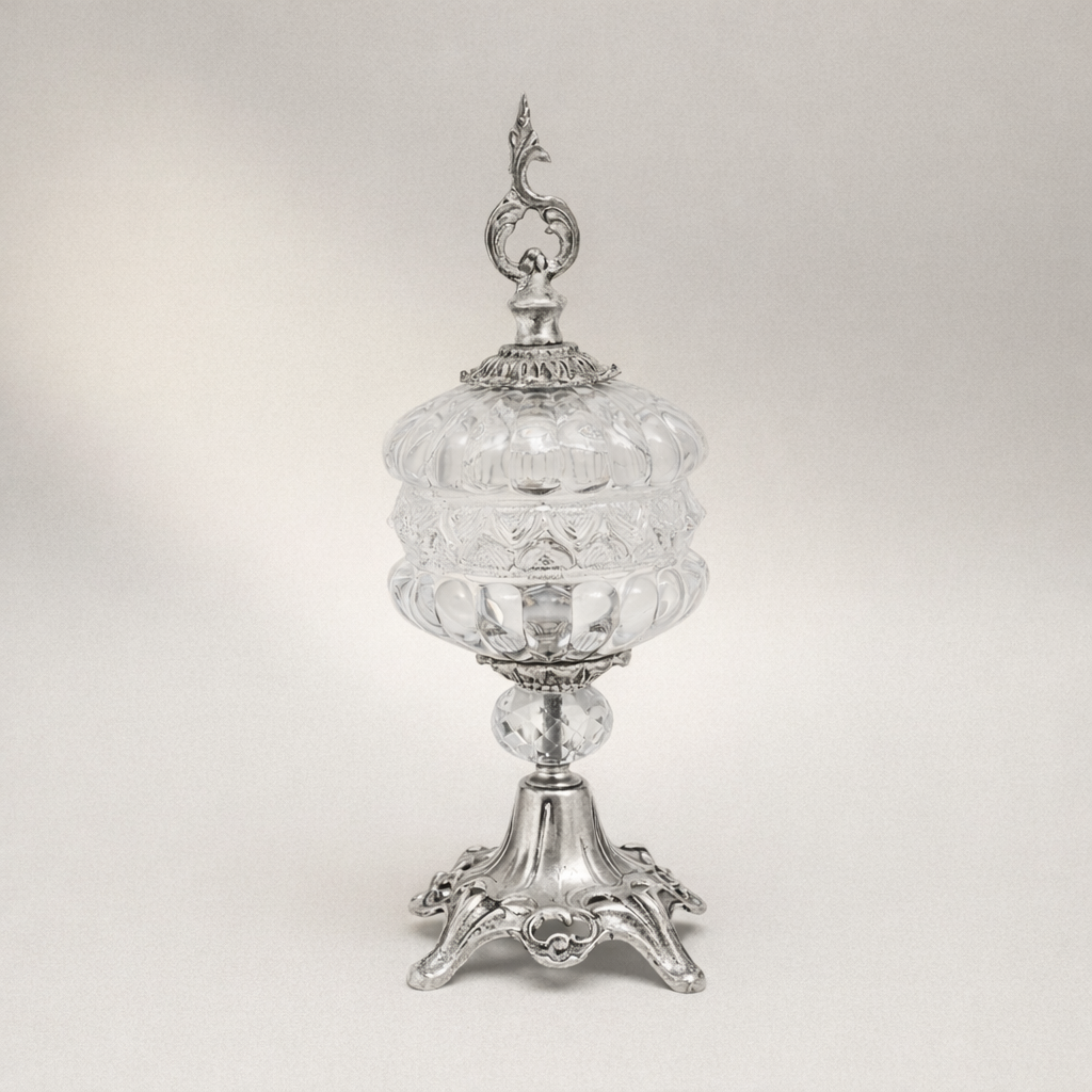 Baroque Crystal Candy Dish with Ornate Brass Finial & Sculpted Pedestal Base — Silver