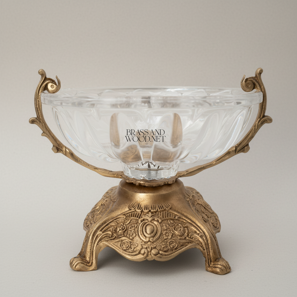 Baroque Crystal Candy Dish with Ornate Brass Stand & Leaf Handles