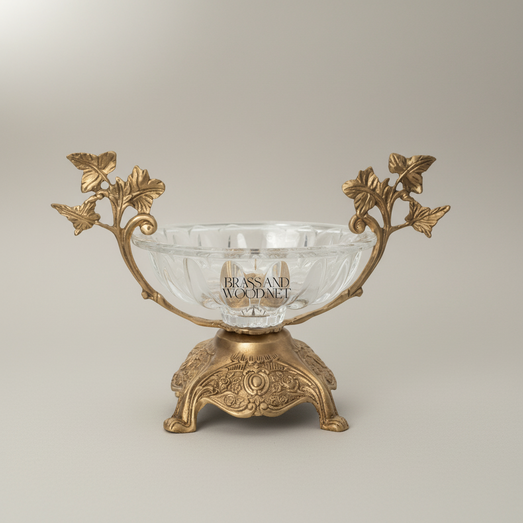 Baroque Crystal Candy Dish with Ornate Brass Stand & Leaf Handles