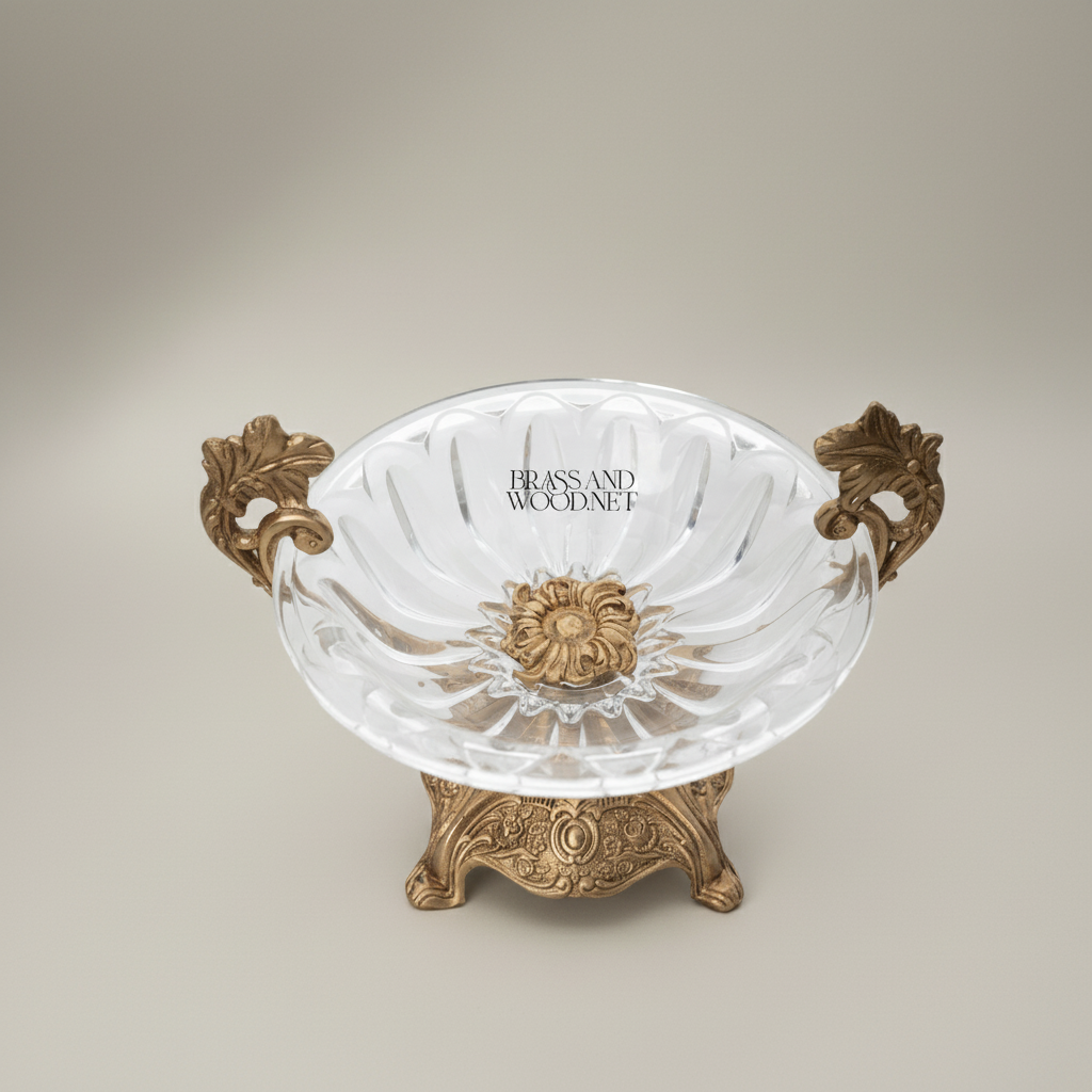 Baroque Crystal Candy Dish with Ornate Brass Stand & Leaf Handles — Antique Gold