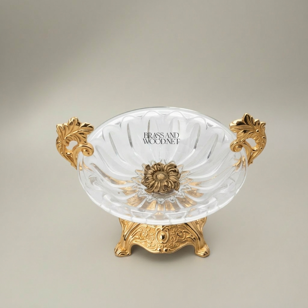 Baroque Crystal Candy Dish with Ornate Brass Stand & Leaf Handles — Gold