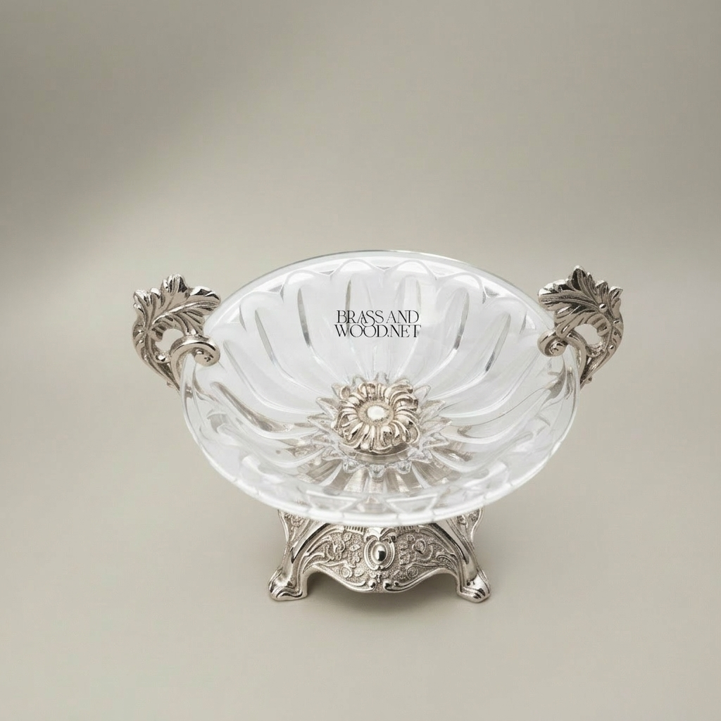 Baroque Crystal Candy Dish with Ornate Brass Stand & Leaf Handles — Silver