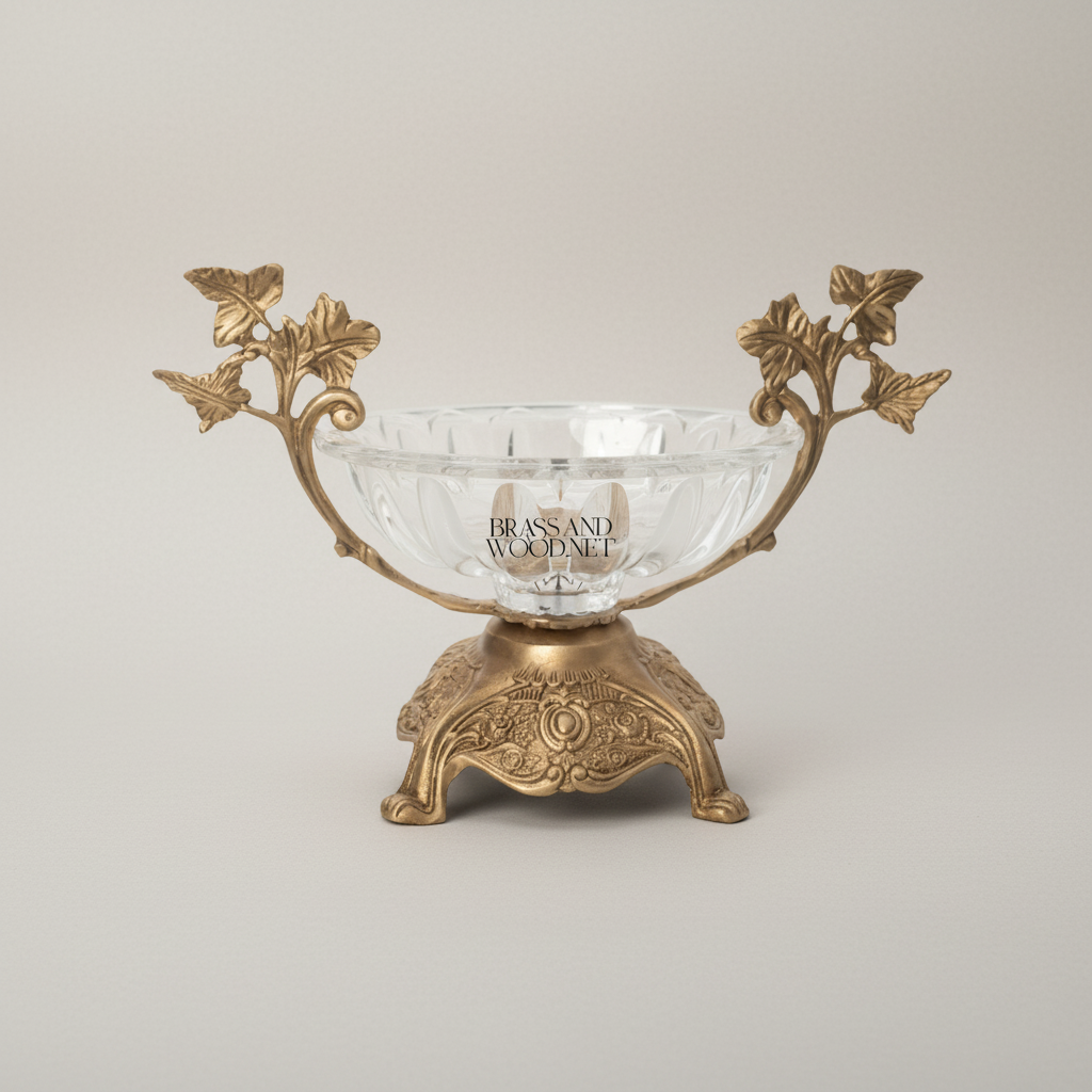 Baroque Crystal Candy Dish with Ornate Brass Stand & Leaf Handles