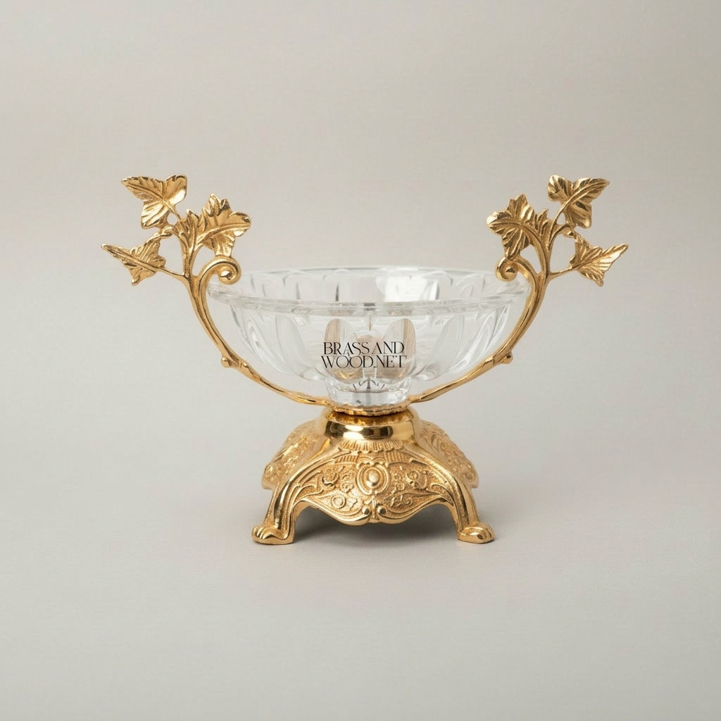 Baroque Crystal Candy Dish with Ornate Brass Stand & Leaf Handles — Gold