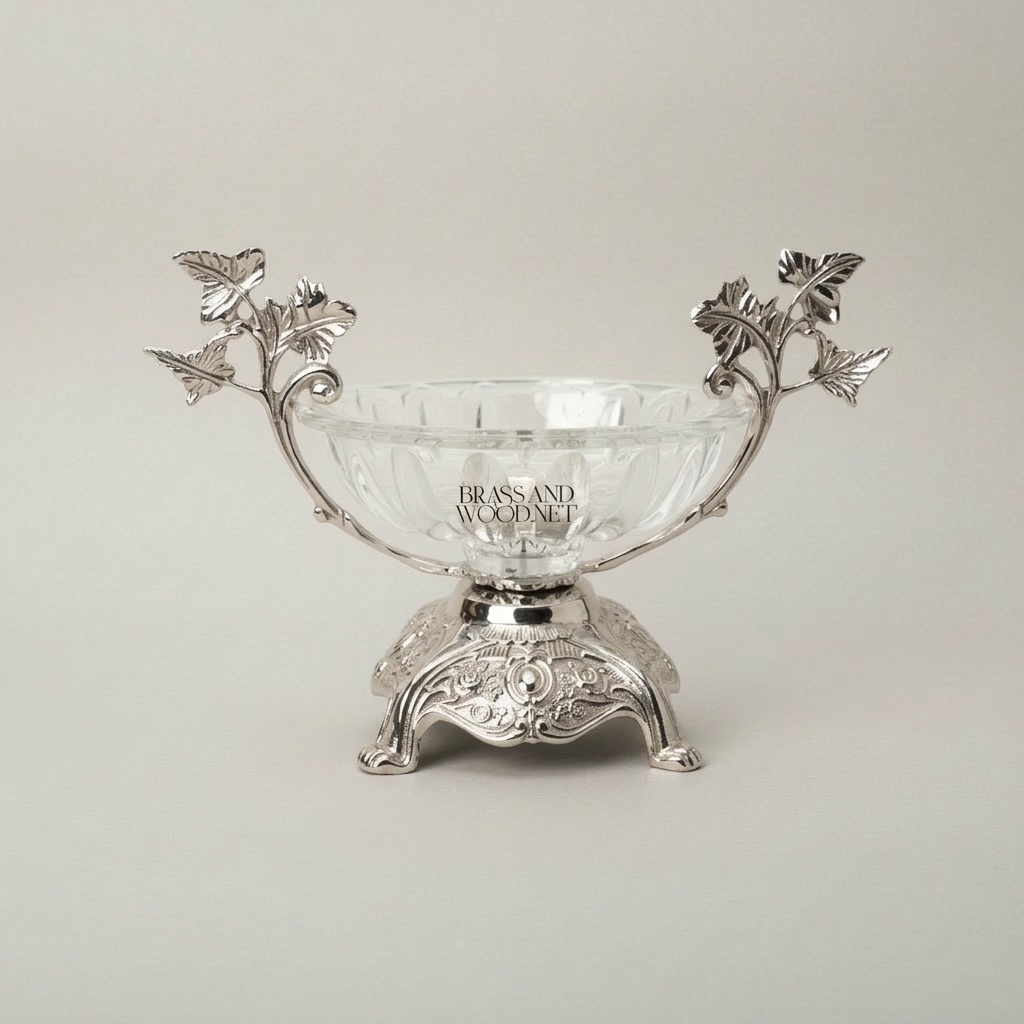 Baroque Crystal Candy Dish with Ornate Brass Stand & Leaf Handles — Silver