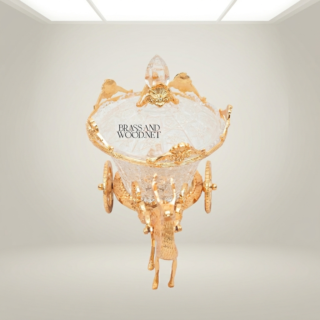 Baroque Crystal Carriage Candy Dish with Stag Figurine — Ornate Lidded Decorative Bowl
