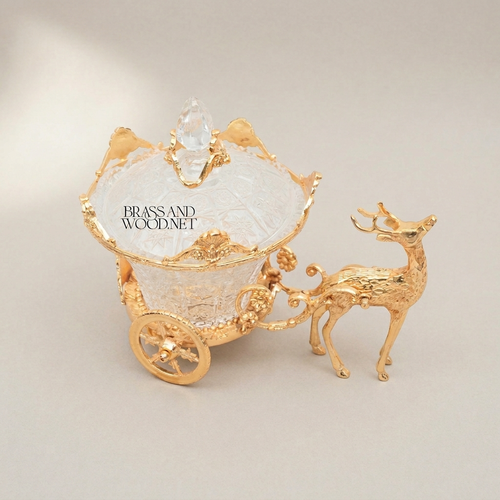 Baroque Crystal Carriage Candy Dish with Stag Figurine — Ornate Lidded Decorative Bowl