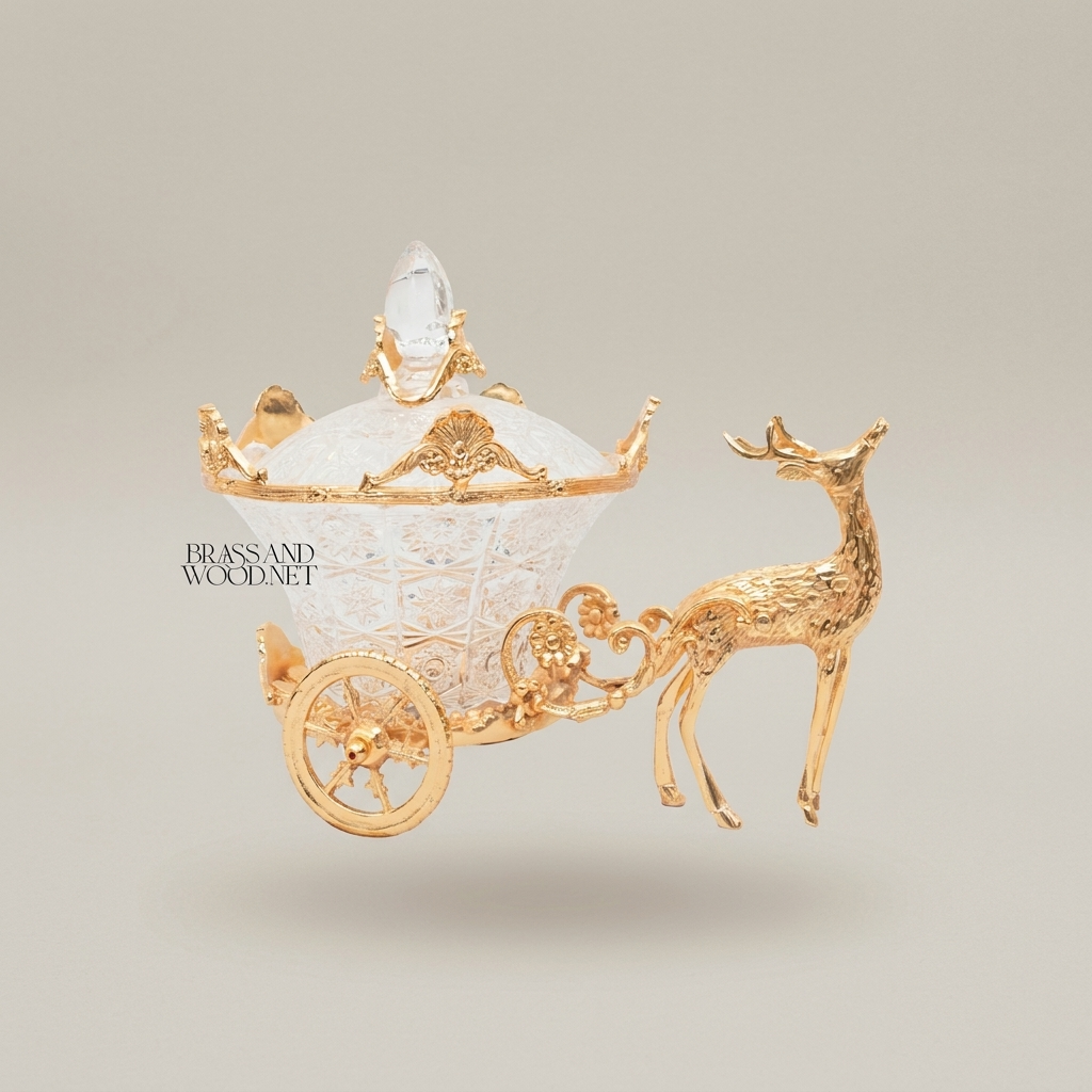 Baroque Crystal Carriage Candy Dish with Stag Figurine — Ornate Lidded Decorative Bowl — Gold