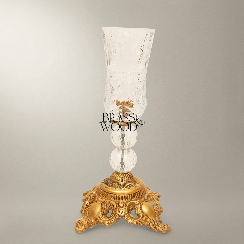 Baroque Crystal Hurricane Candle Goblet with Ornate Brass Base — Antique Gold