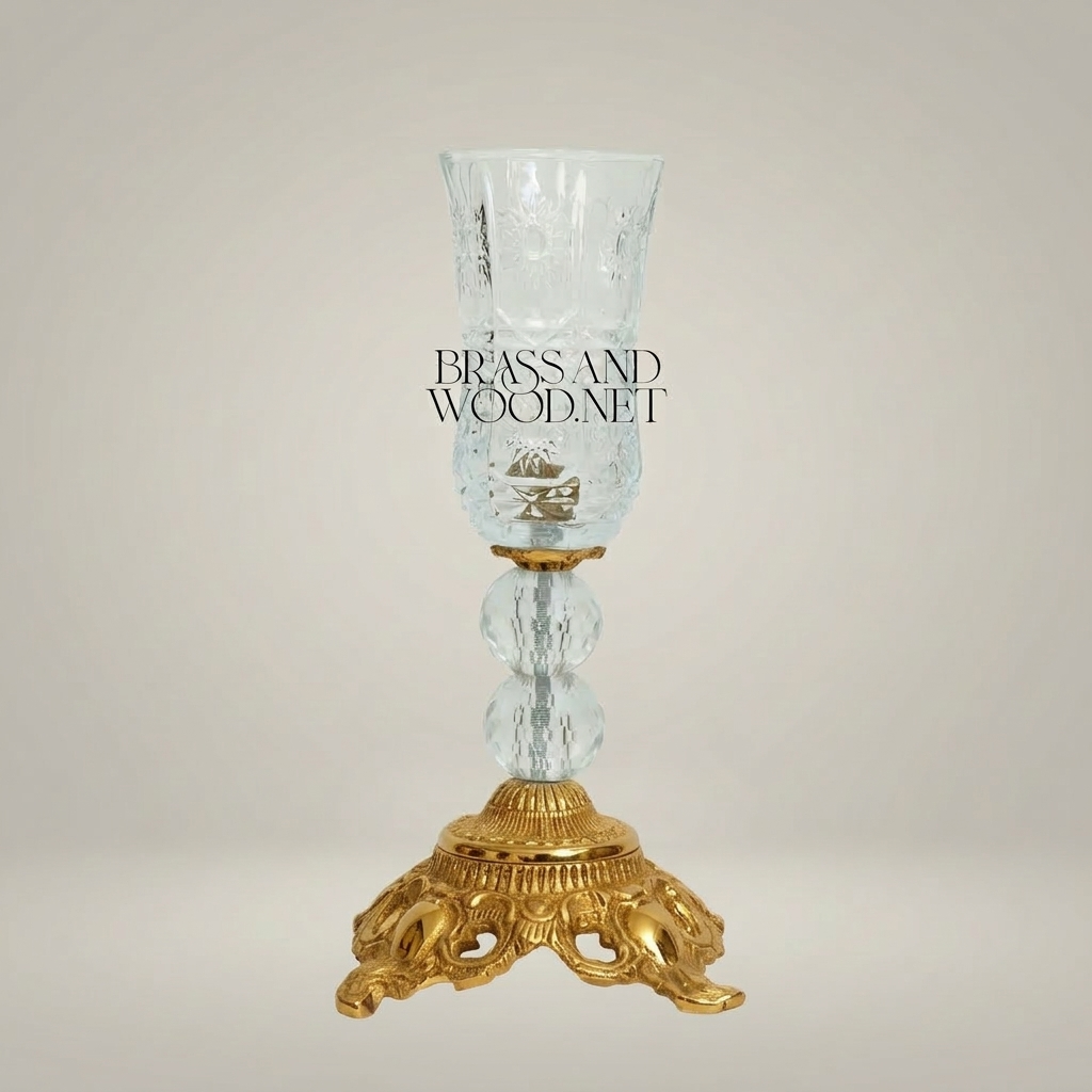 Baroque Crystal Hurricane Candle Goblet with Ornate Brass Base
