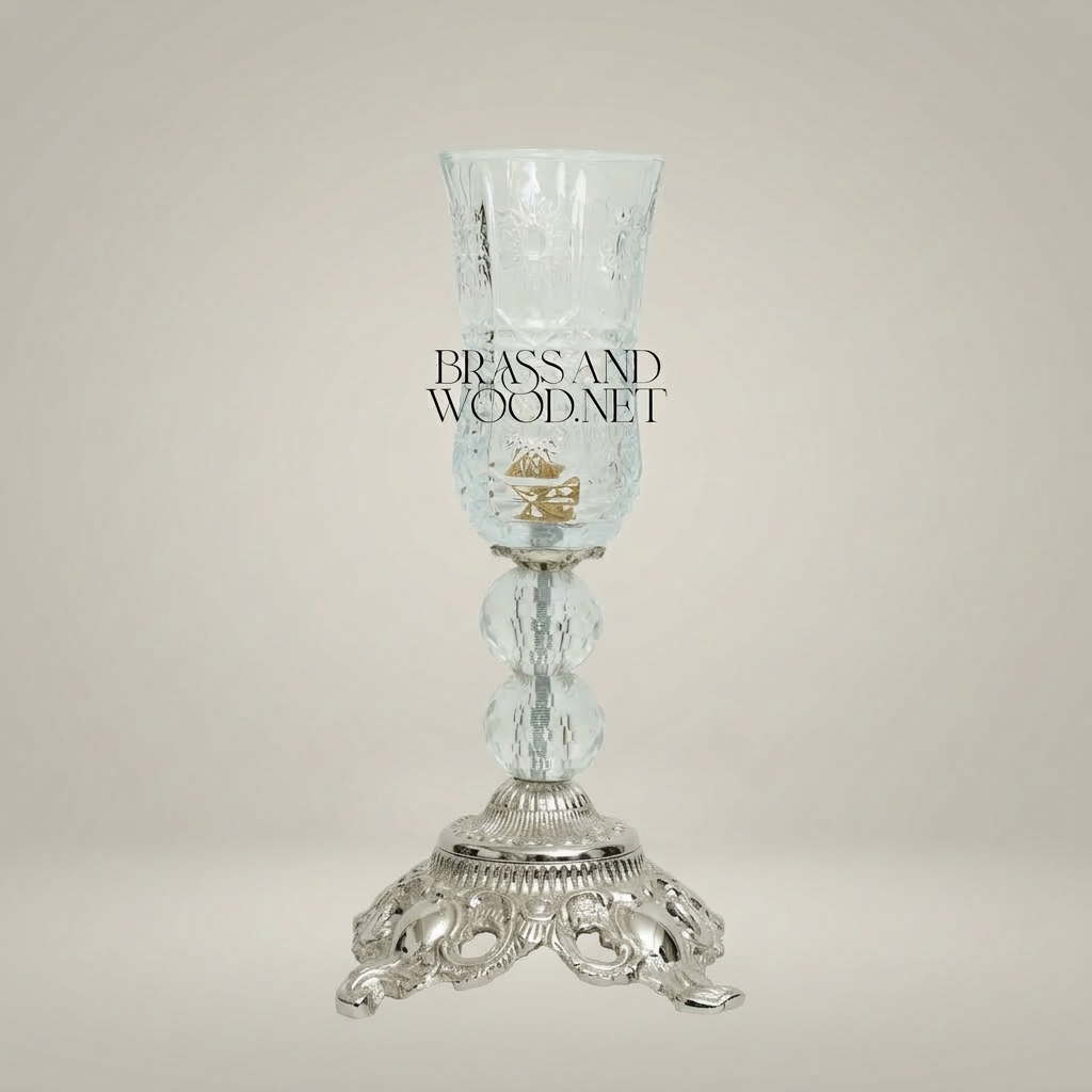 Baroque Crystal Hurricane Candle Goblet with Ornate Brass Base — Silver