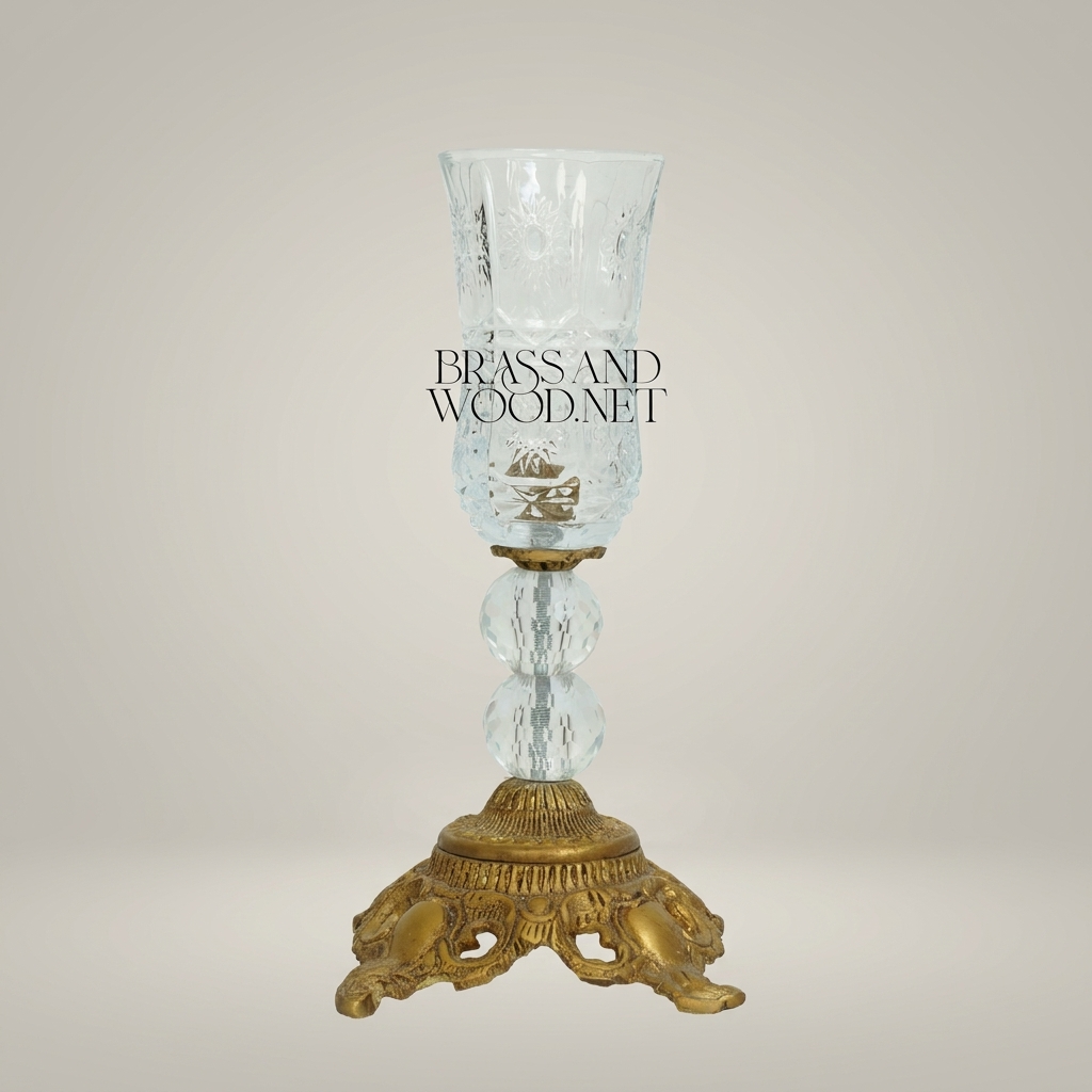 Baroque Crystal Hurricane Candle Goblet with Ornate Brass Base — Antique Gold