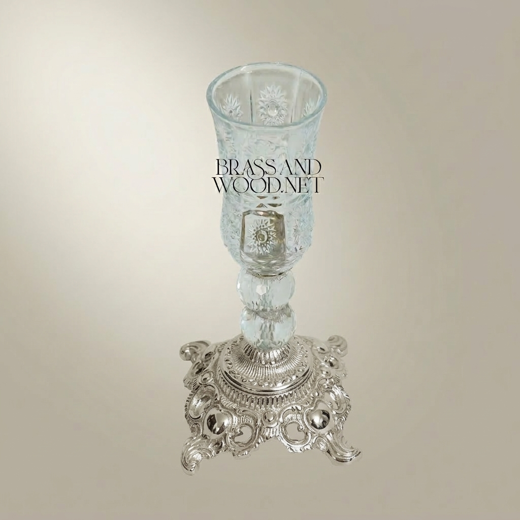 Baroque Crystal Hurricane Candle Goblet with Ornate Brass Base — Silver