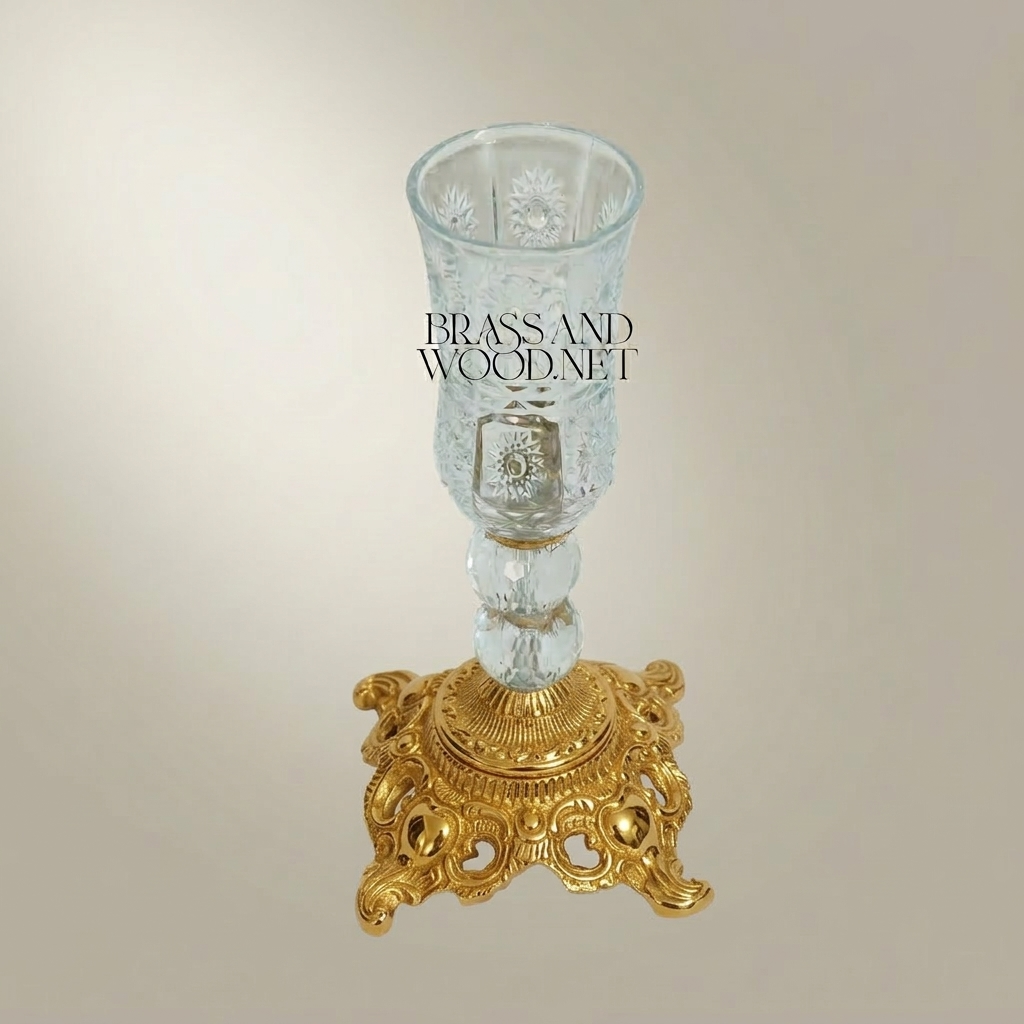 Baroque Crystal Hurricane Candle Goblet with Ornate Brass Base