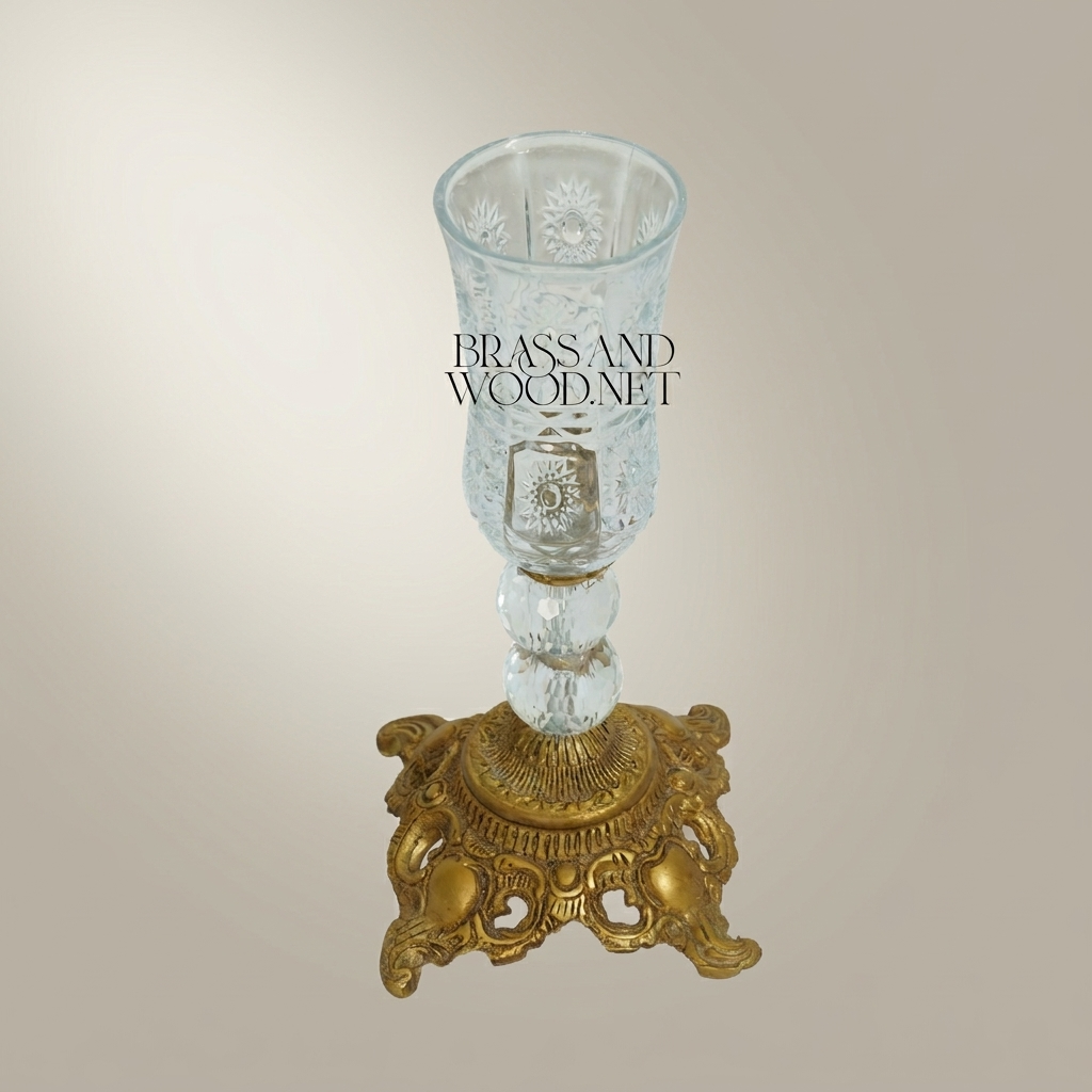 Baroque Crystal Hurricane Candle Goblet with Ornate Brass Base — Antique Gold