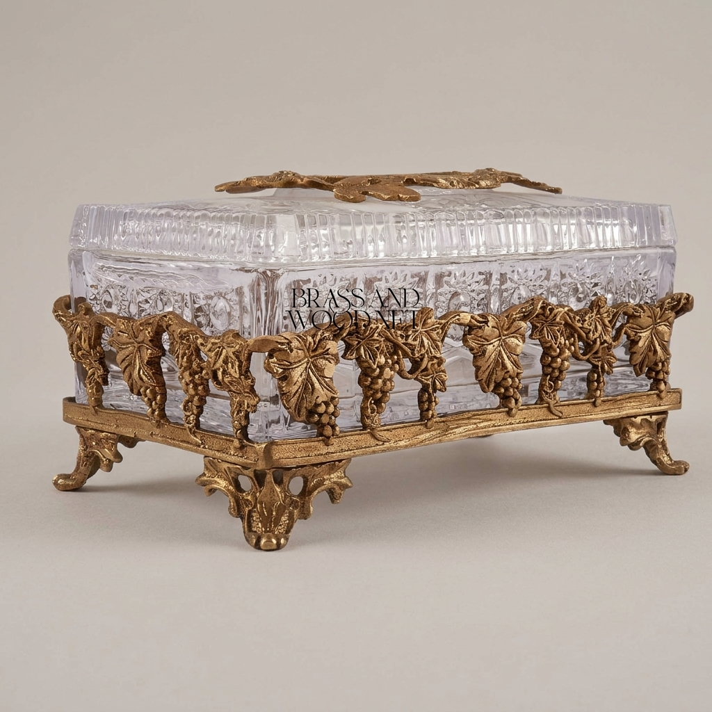 Baroque Crystal & Metal Tissue Box with Grapevine Appliqué and Scroll Feet — Antique Gold