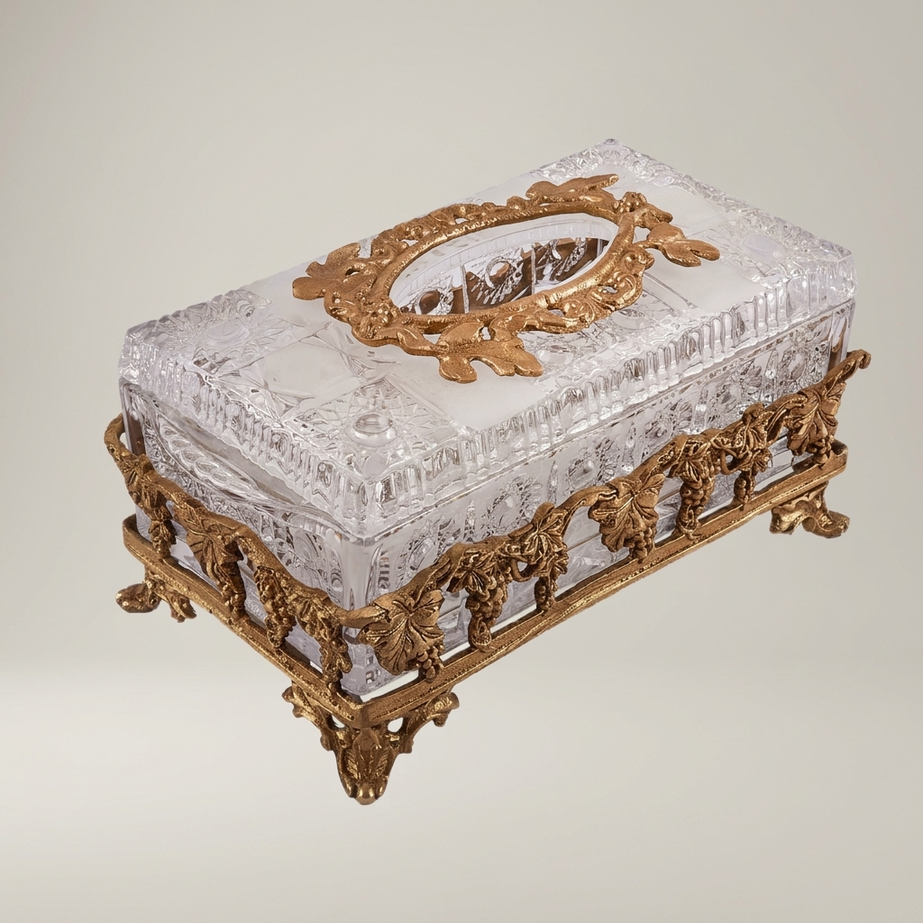 Baroque Crystal & Metal Tissue Box with Grapevine Appliqué and Scroll Feet — Antique Gold