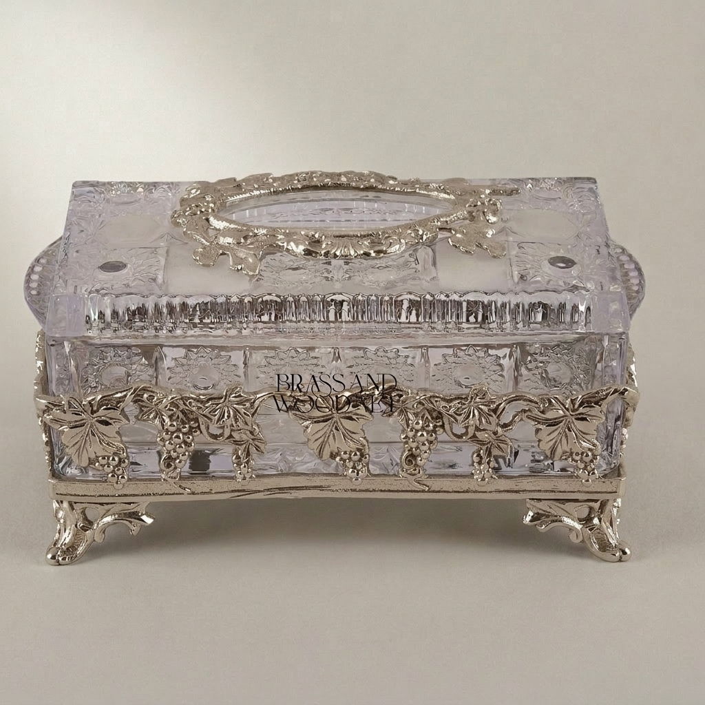 Baroque Crystal & Metal Tissue Box with Grapevine Appliqué and Scroll Feet — Silver