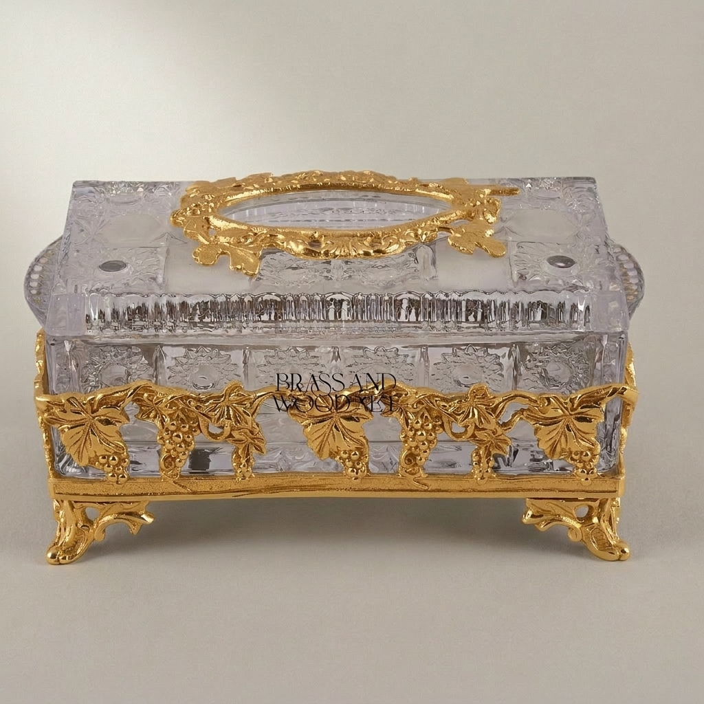 Baroque Crystal & Metal Tissue Box with Grapevine Appliqué and Scroll Feet — Gold