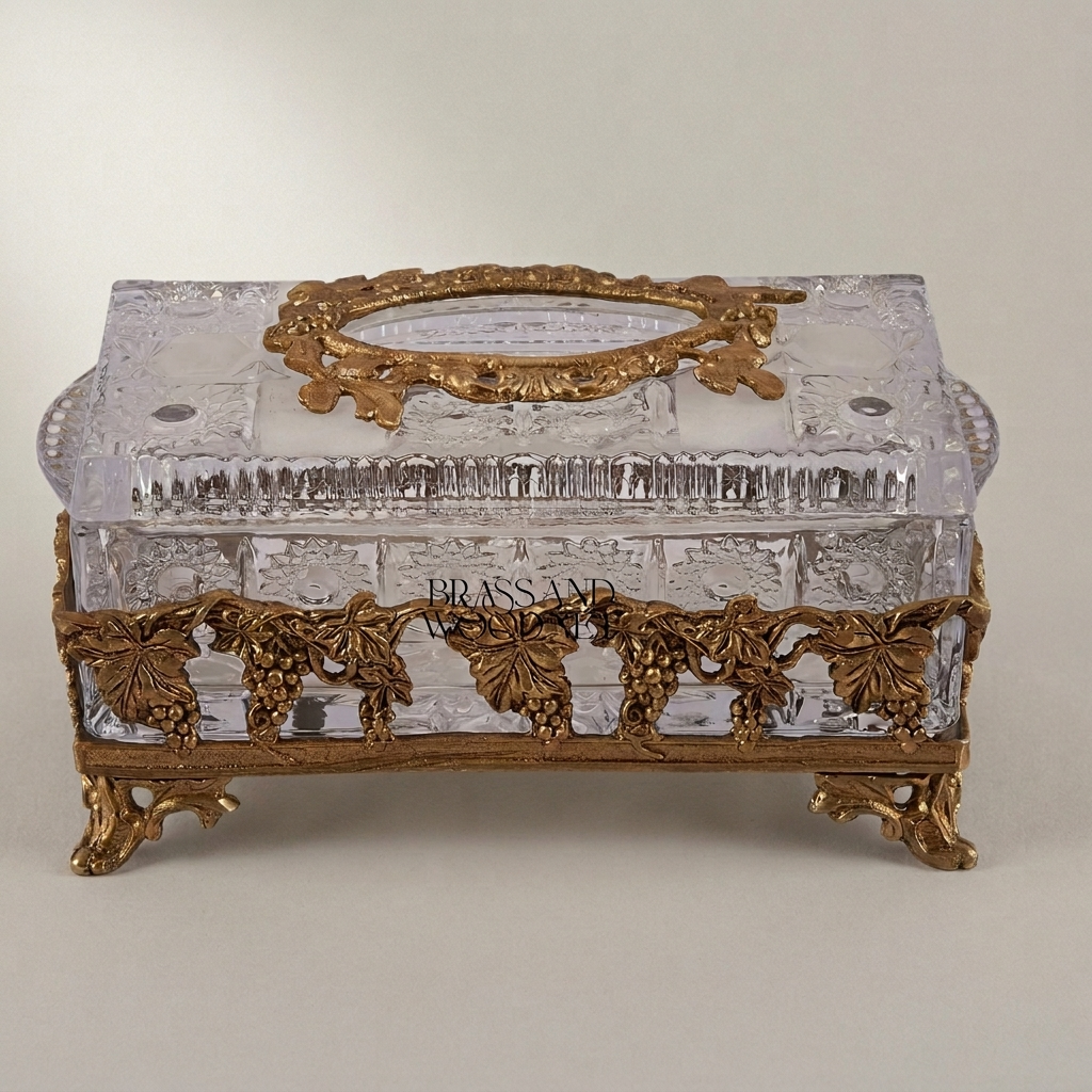 Baroque Crystal & Metal Tissue Box with Grapevine Appliqué and Scroll Feet — Antique Gold