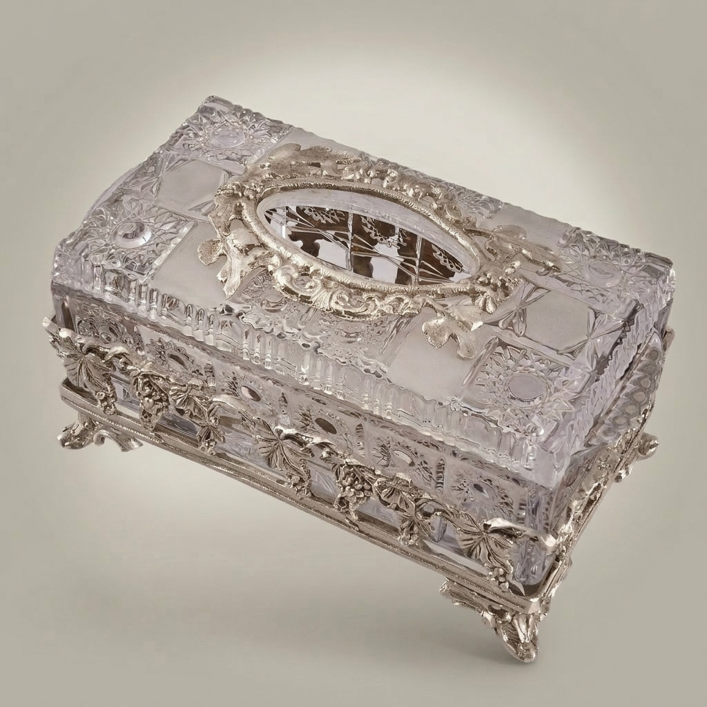 Baroque Crystal & Metal Tissue Box with Grapevine Appliqué and Scroll Feet