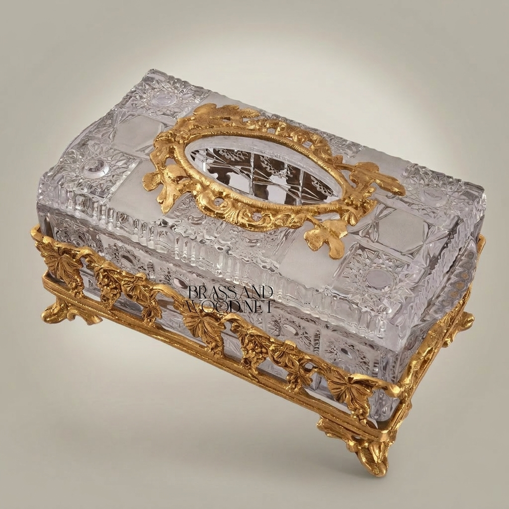 Baroque Crystal & Metal Tissue Box with Grapevine Appliqué and Scroll Feet — Gold