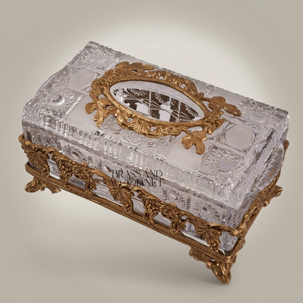 Baroque Crystal & Metal Tissue Box with Grapevine Appliqué and Scroll Feet — Antique Gold