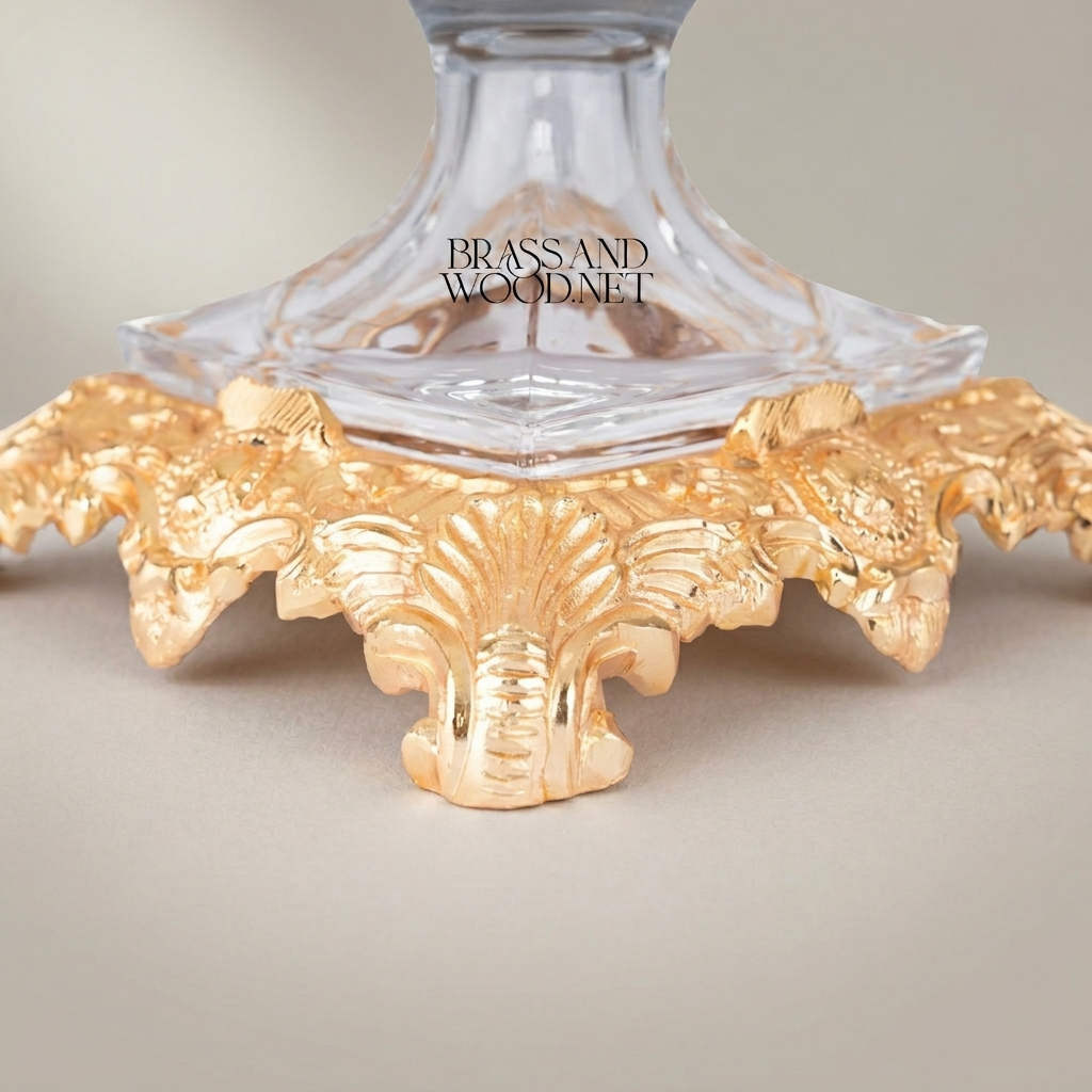 Baroque Crystal Pedestal Candy Dish - Ornate Brass Sculpted Base