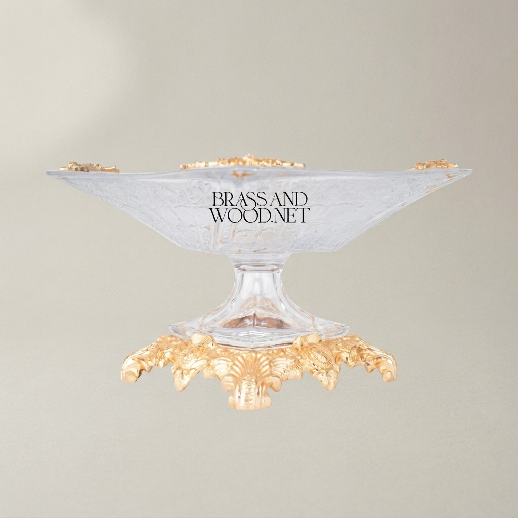 Baroque Crystal Pedestal Candy Dish - Ornate Brass Sculpted Base