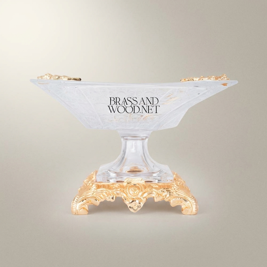 Baroque Crystal Pedestal Candy Dish - Ornate Brass Sculpted Base