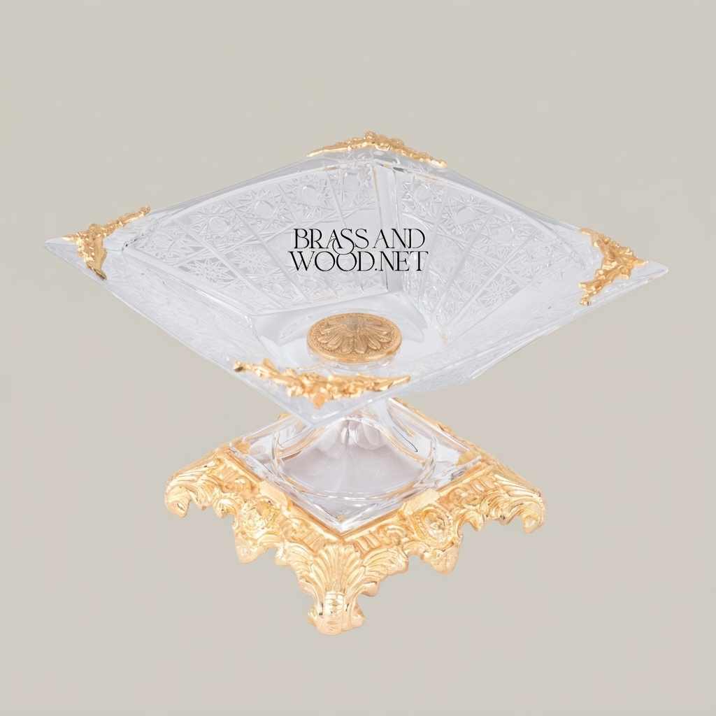 Baroque Crystal Pedestal Candy Dish - Ornate Brass Sculpted Base