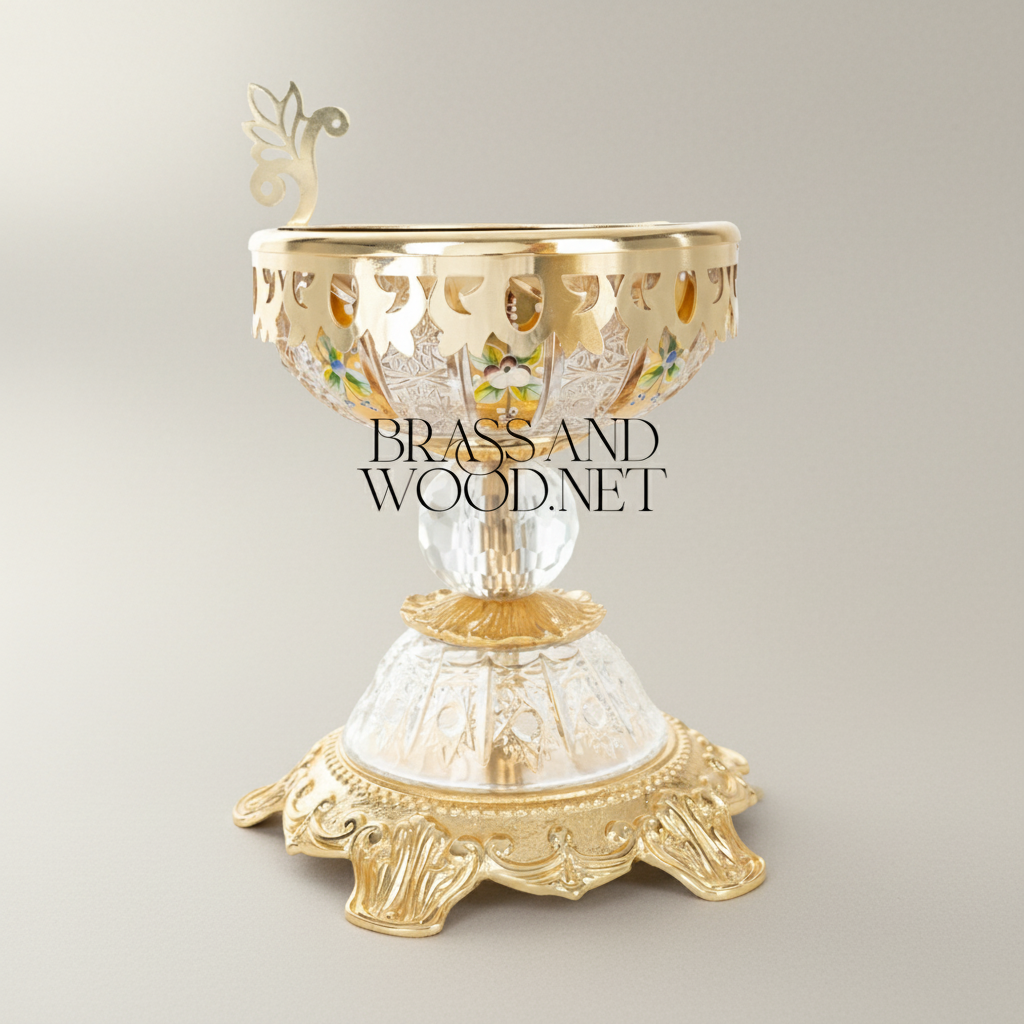 Baroque Crystal-Stem Brass Incense Burner with Enamel-Painted Bowl & Acanthus Lid Finial