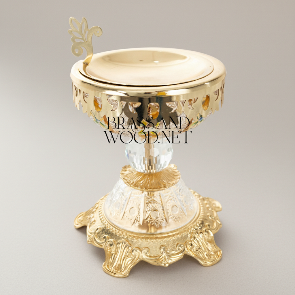 Baroque Crystal-Stem Brass Incense Burner with Enamel-Painted Bowl & Acanthus Lid Finial
