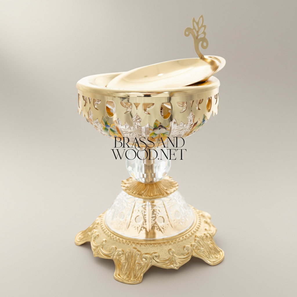 Baroque Crystal-Stem Brass Incense Burner with Enamel-Painted Bowl & Acanthus Lid Finial — Gold