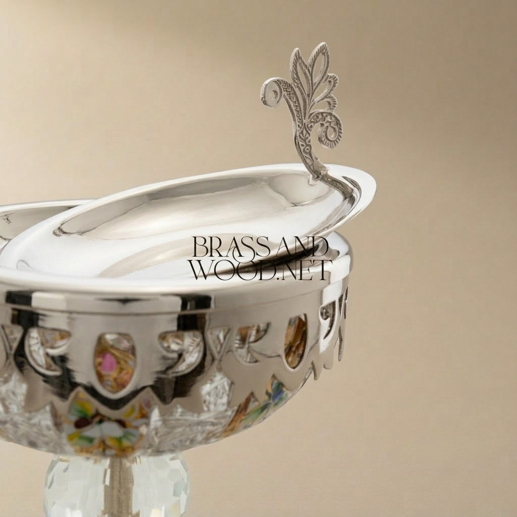 Baroque Crystal-Stem Brass Incense Burner with Enamel-Painted Bowl & Acanthus Lid Finial — Silver
