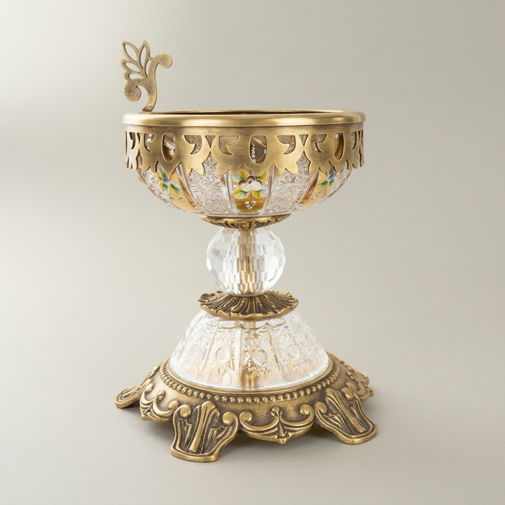 Baroque Crystal-Stem Brass Incense Burner with Enamel-Painted Bowl & Acanthus Lid Finial — Antique Gold