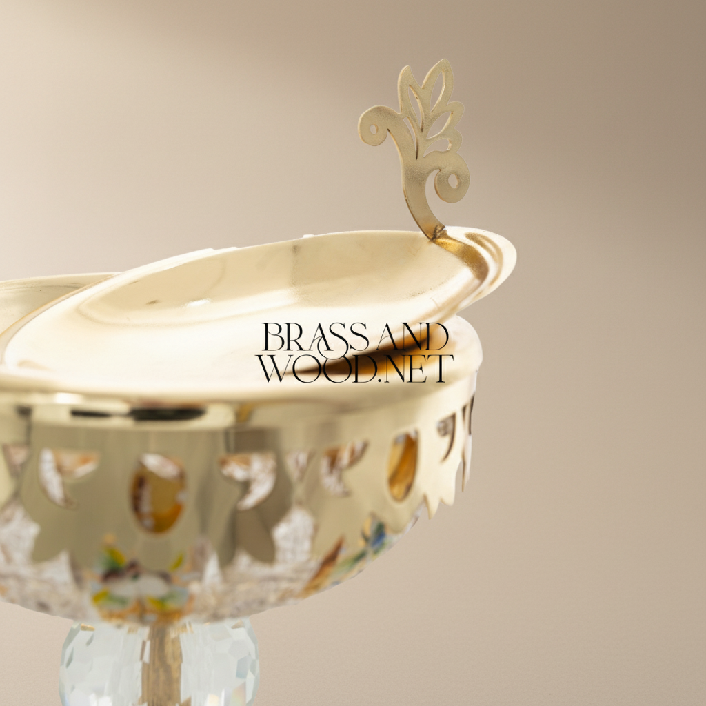 Baroque Crystal-Stem Brass Incense Burner with Enamel-Painted Bowl & Acanthus Lid Finial — Gold