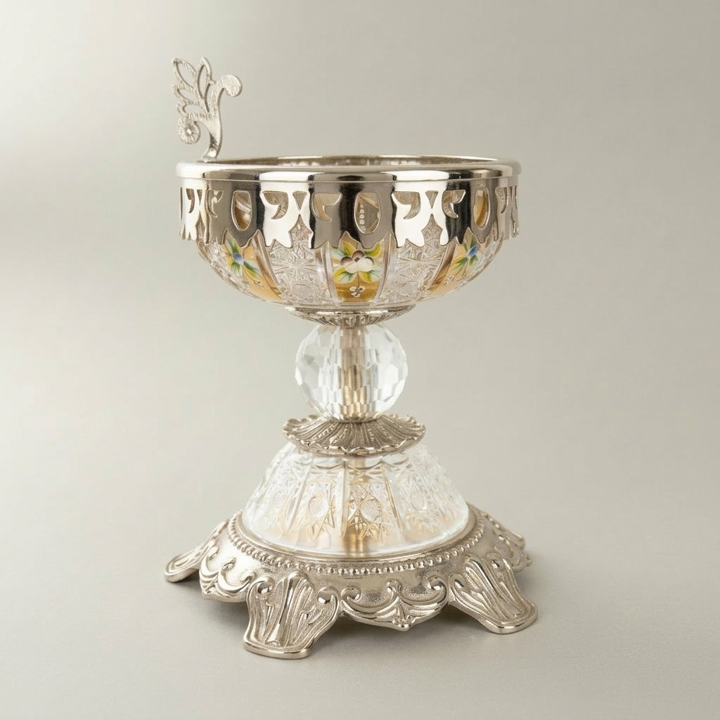 Baroque Crystal-Stem Brass Incense Burner with Enamel-Painted Bowl & Acanthus Lid Finial — Silver