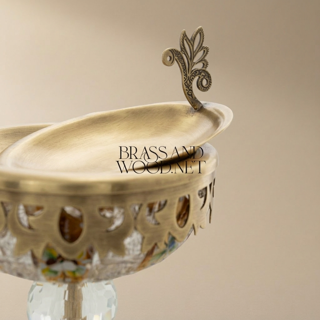 Baroque Crystal-Stem Brass Incense Burner with Enamel-Painted Bowl & Acanthus Lid Finial — Antique Gold