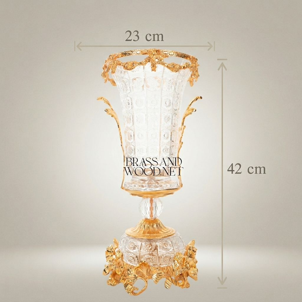Baroque Crystal Vase with Ormolu Acanthus Mounts & Floral Rim — Trumpet-Form Pedestal — Gold