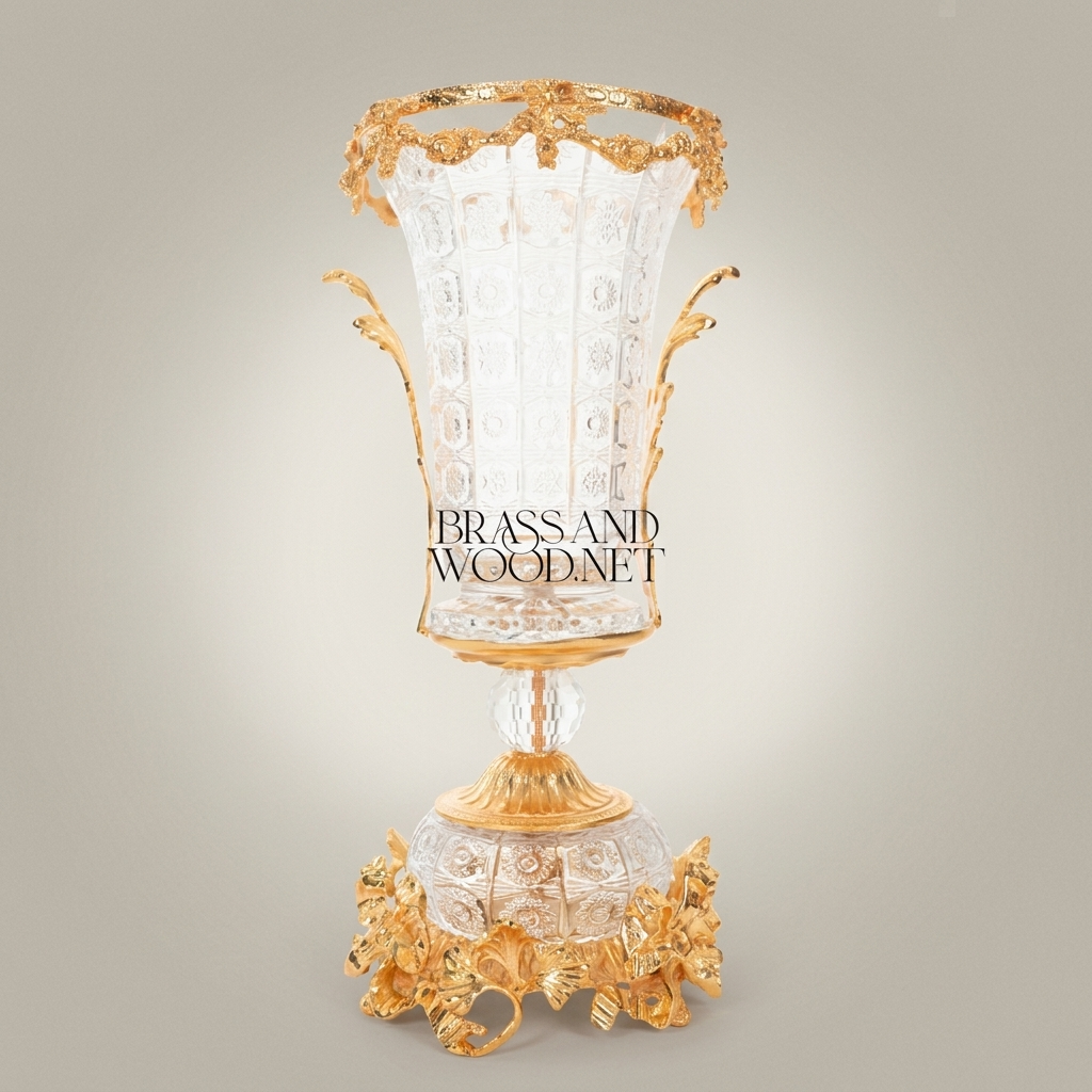 Baroque Crystal Vase with Ormolu Acanthus Mounts & Floral Rim — Trumpet-Form Pedestal — Gold