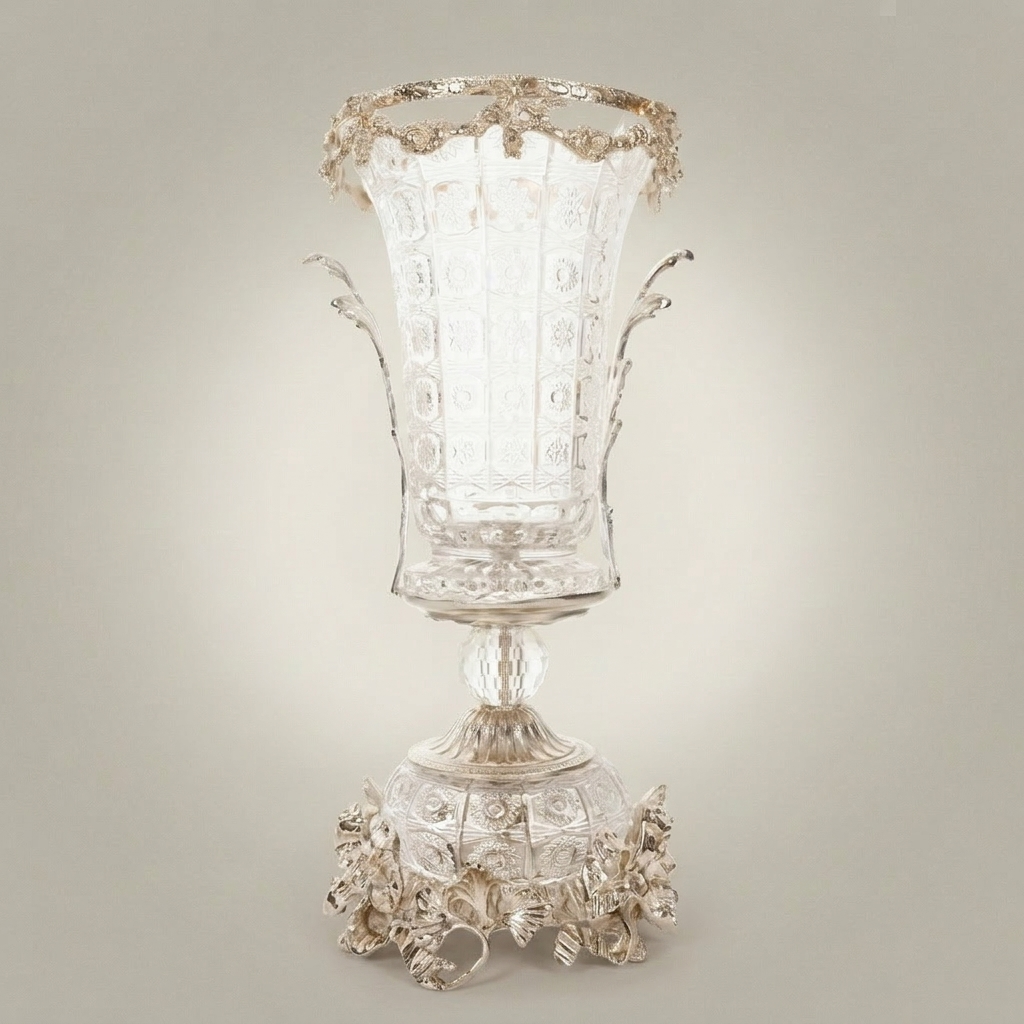 Baroque Crystal Vase with Ormolu Acanthus Mounts & Floral Rim — Trumpet-Form Pedestal — Silver