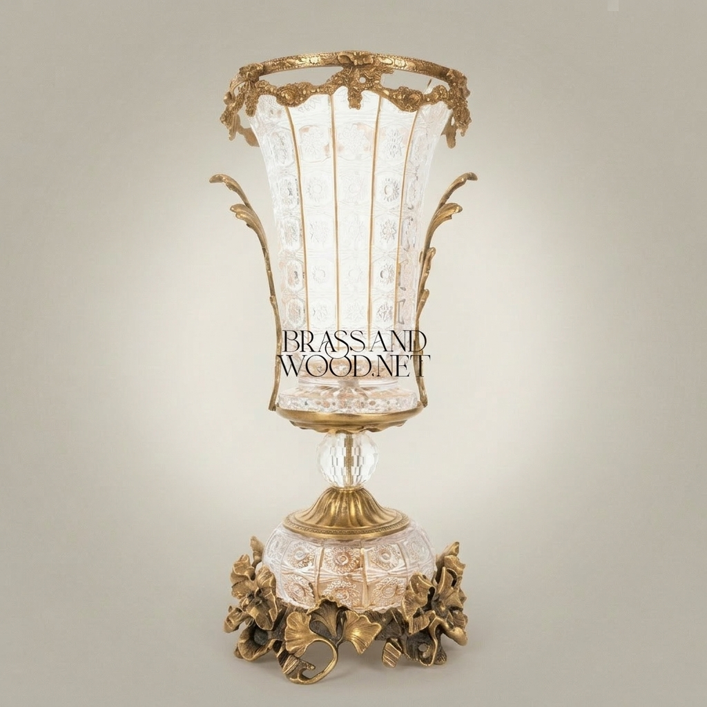 Baroque Crystal Vase with Ormolu Acanthus Mounts & Floral Rim — Trumpet-Form Pedestal — Antique Gold